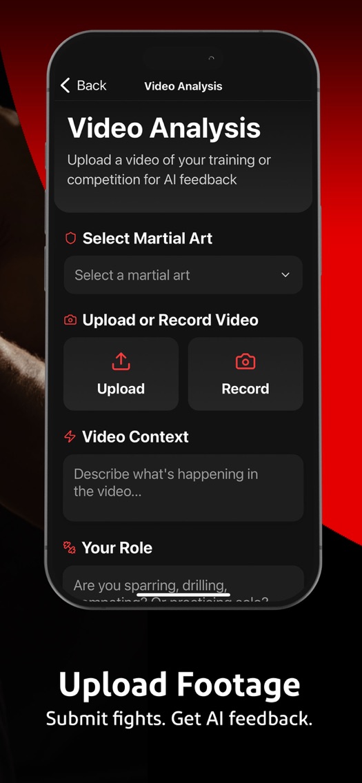 Fight AI app screen for uploading a training video