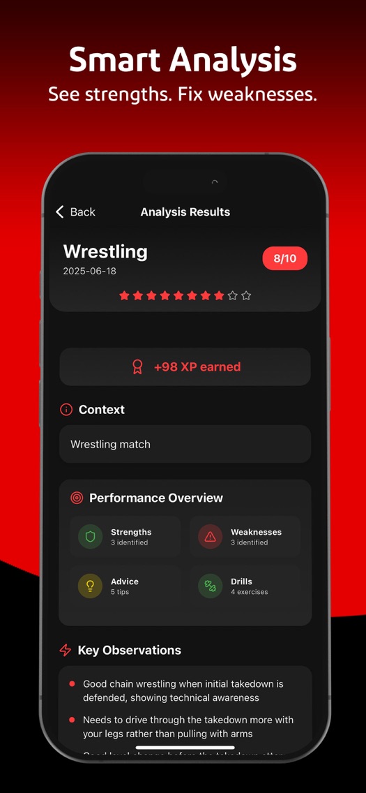 Fight AI mobile app showing AI analysis of a wrestling training clip
